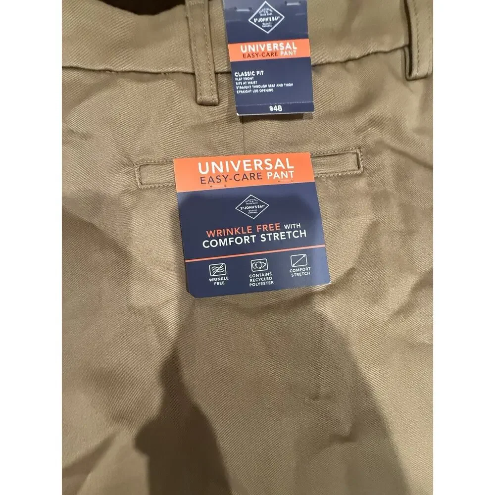 St Johns Bay Mens 42x32 Khaki Pants NWT Classic Fit Stretch Wrinkle Free